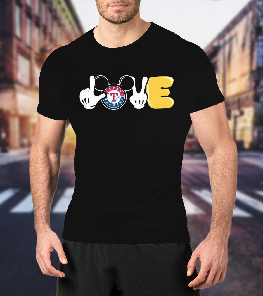 Love Texas Rangers Mickey Mouse Ears And Gloves T-Shirt