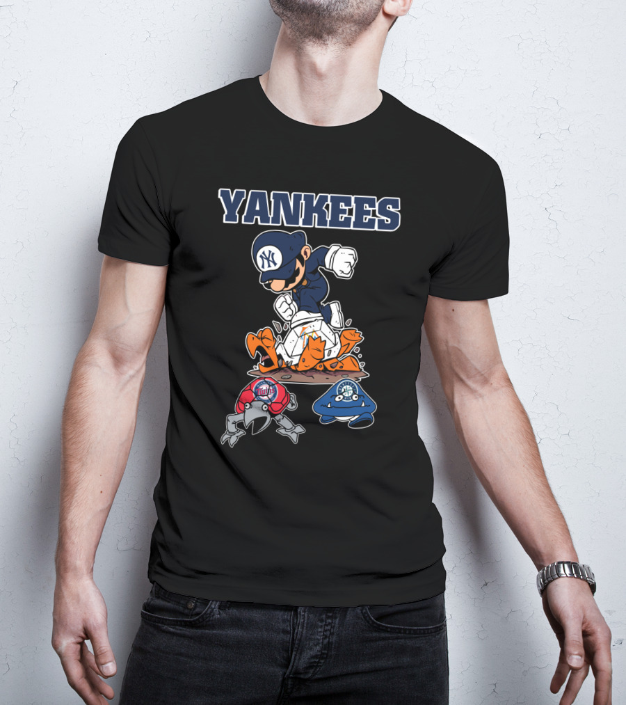 Yankees Cartoon Character In New York Baseball Cap Stomping Rival Mascots T-Shirt