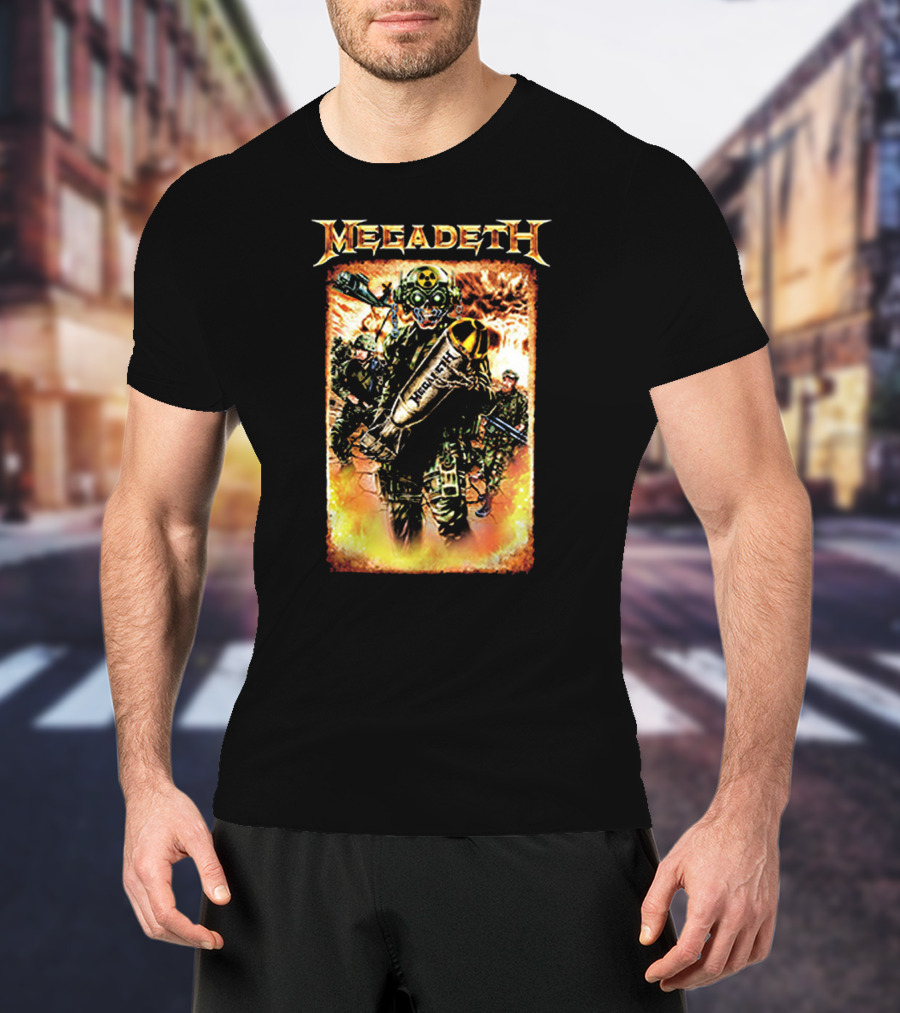 Megadeth Soldiers Holding Bomb With Radiation Symbol In Fiery T-Shirt
