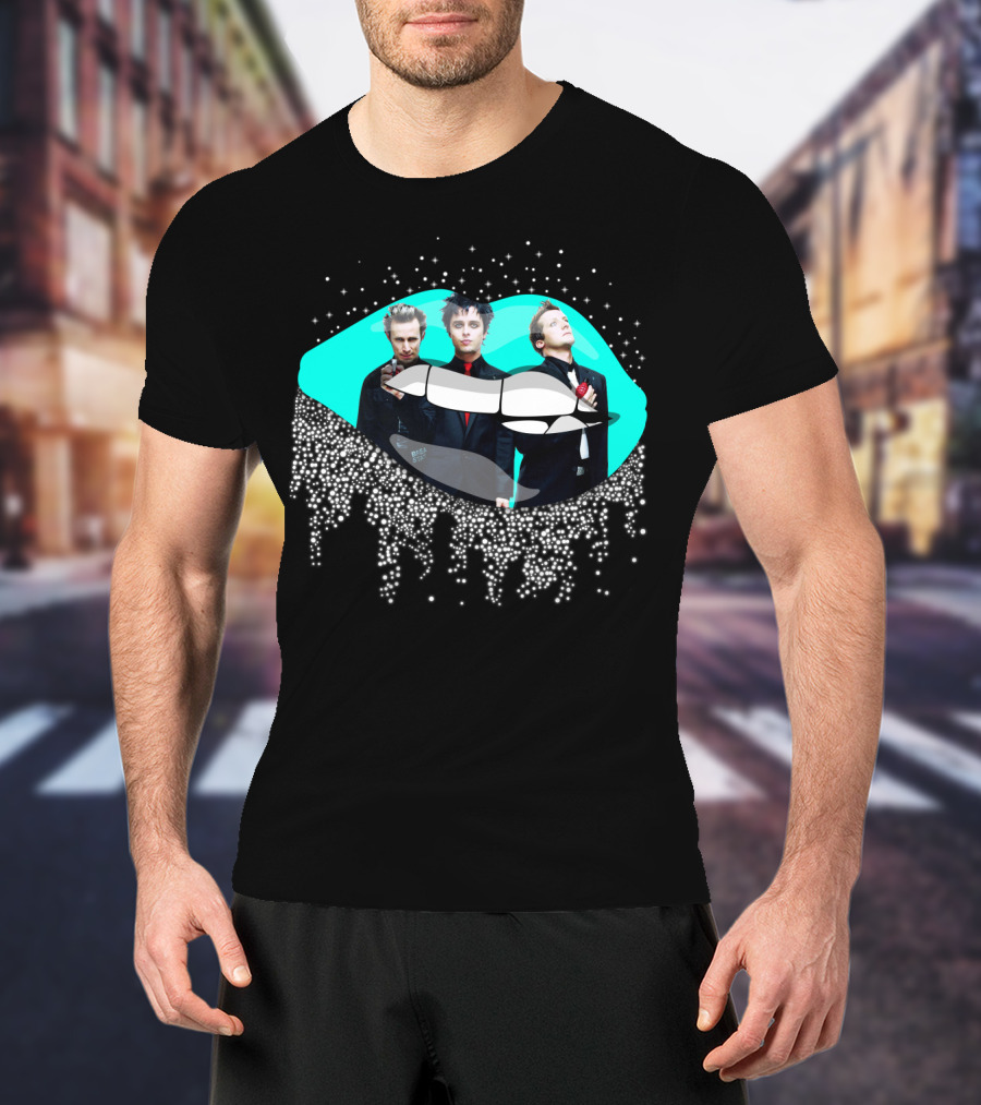 Green Day Dripping Glitter Lip Pop Art Band Members T-Shirt