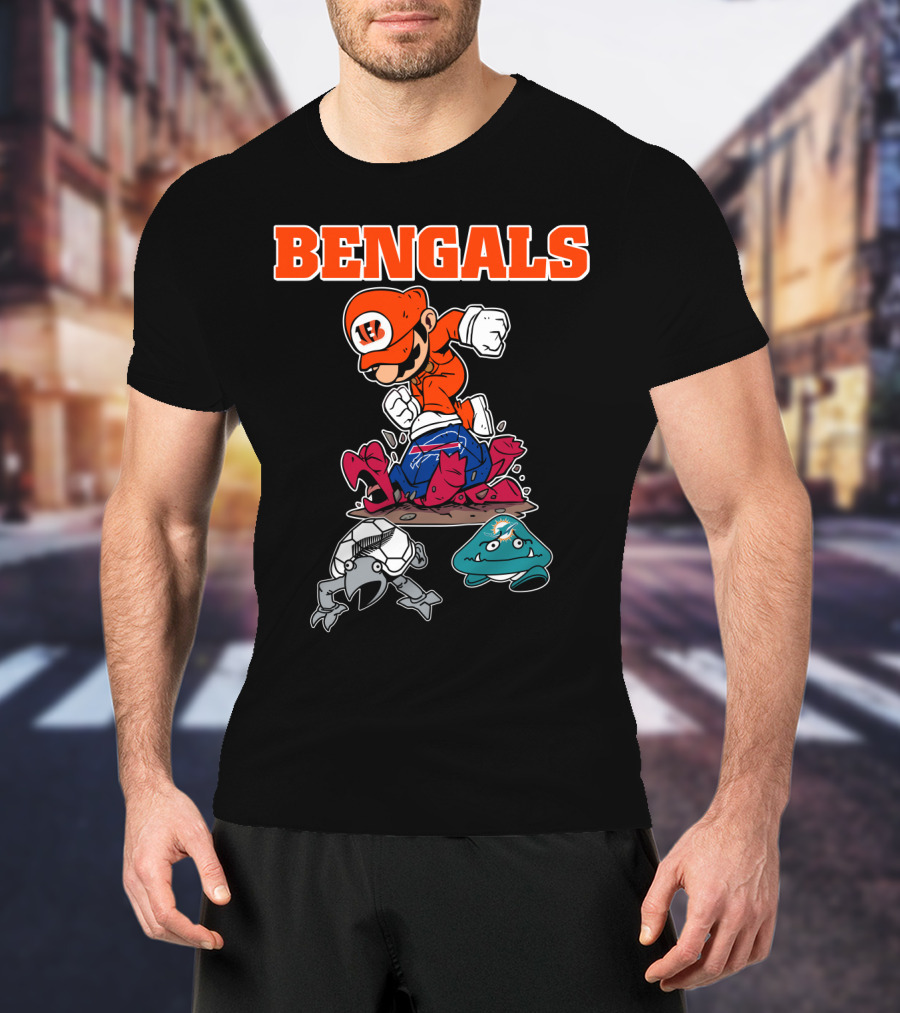 Bengals Mario Parody Knocking Out Football Opponents T-Shirt