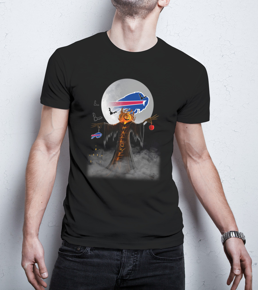 Buffalo Bills Halloween Moon Pumpkin Buffalo Logo Bats Haunted House T-Shirt