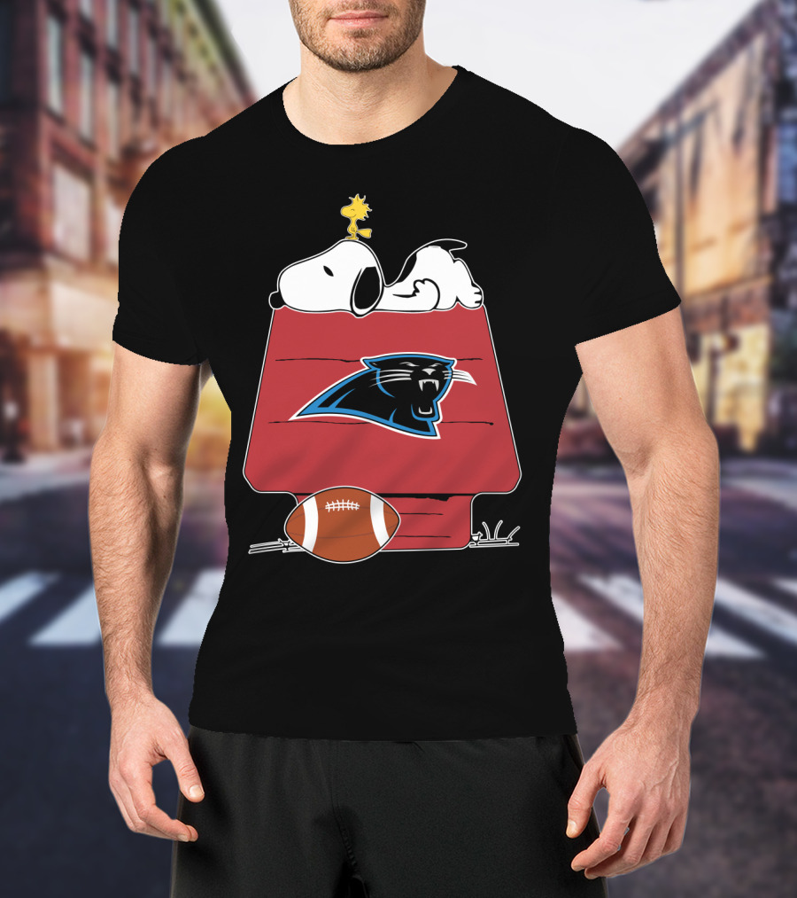 Snoopy And Woodstock On Doghouse With Carolina Panthers Logo And Football T-Shirt