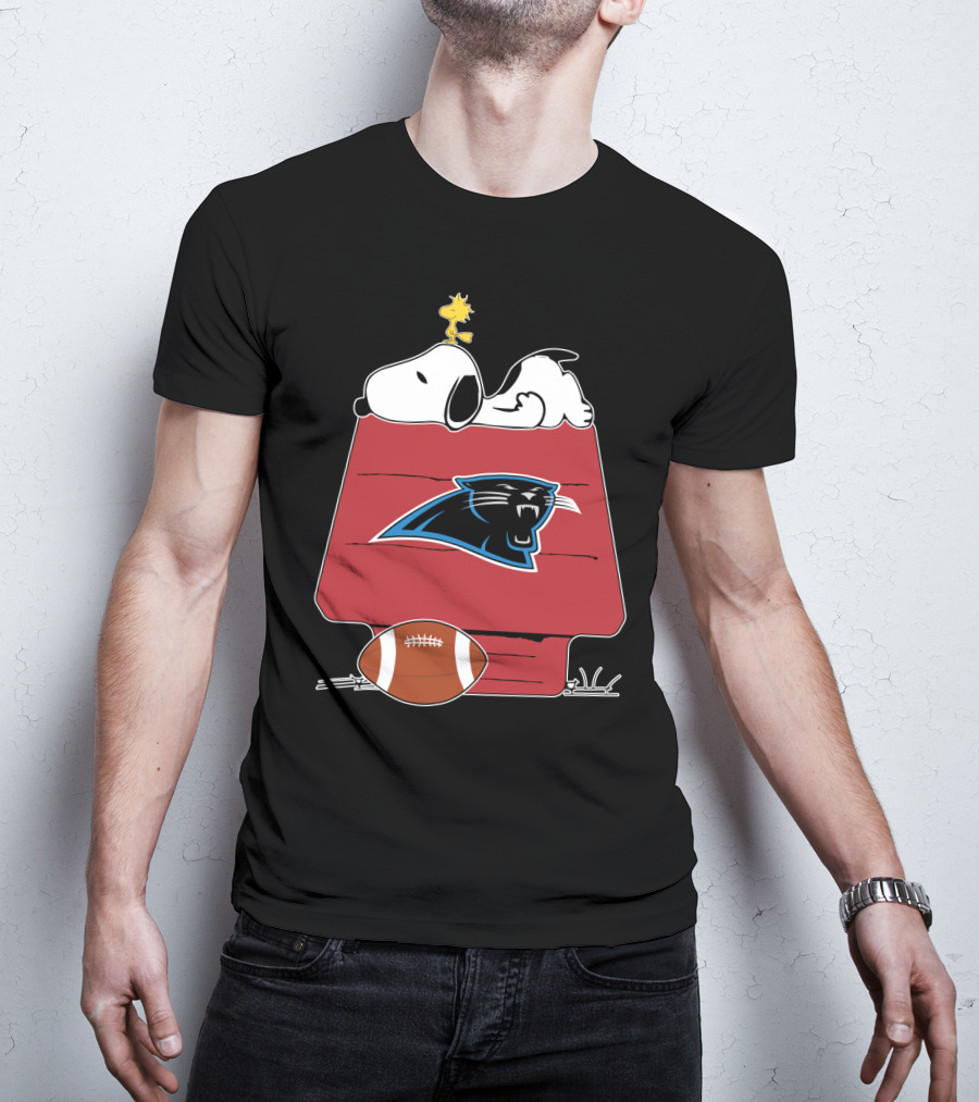 Snoopy And Woodstock On Doghouse With Carolina Panthers Logo And Football T-Shirt