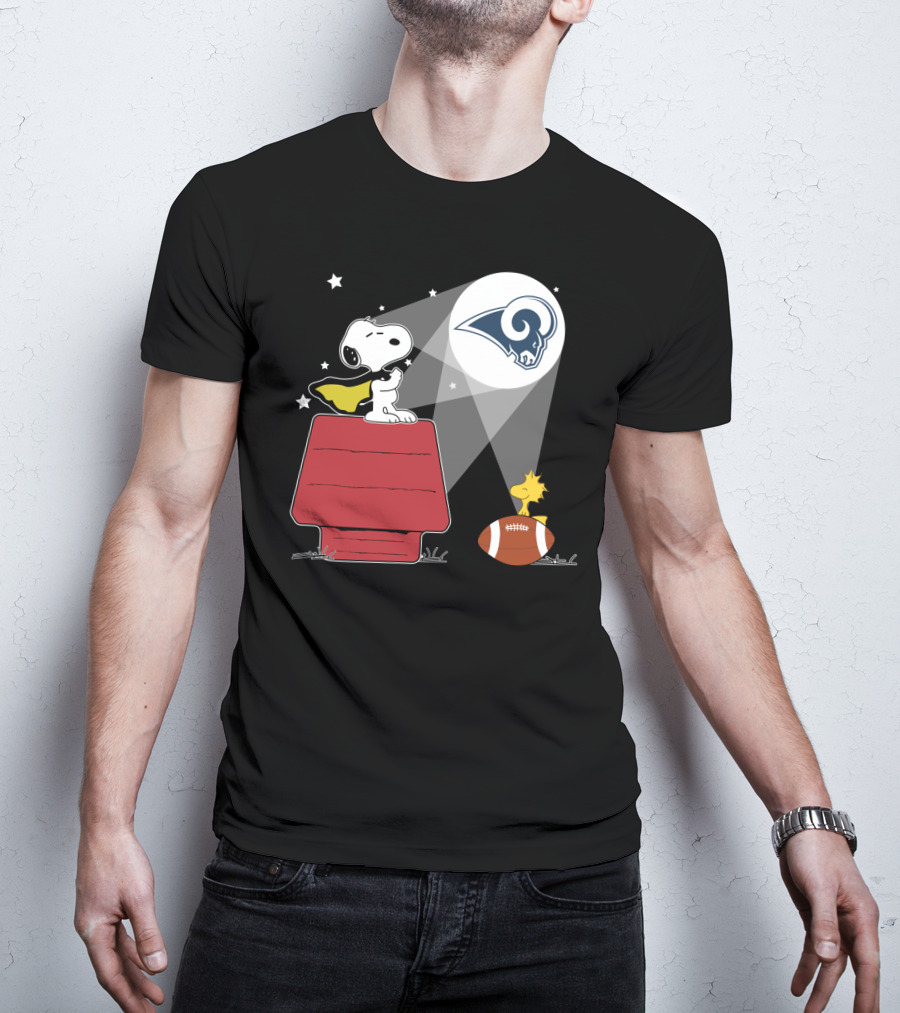 Snoopy And Woodstock With Los Angeles Rams Football Beam T-Shirt
