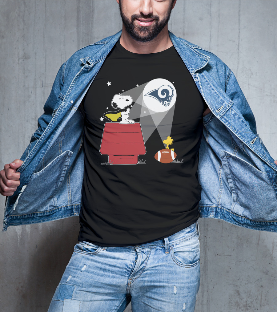 Snoopy And Woodstock With Los Angeles Rams Football Beam T-Shirt