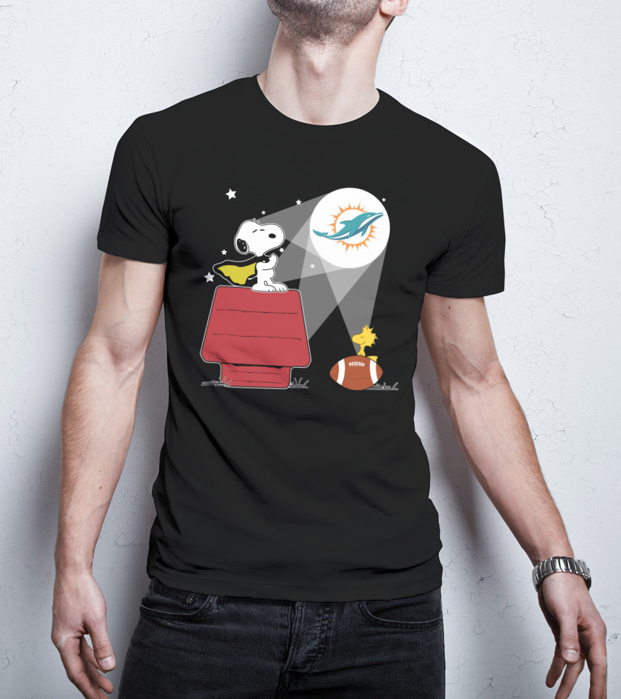 Snoopy And Woodstock Miami Dolphins Football Fan Spotlight T-Shirt