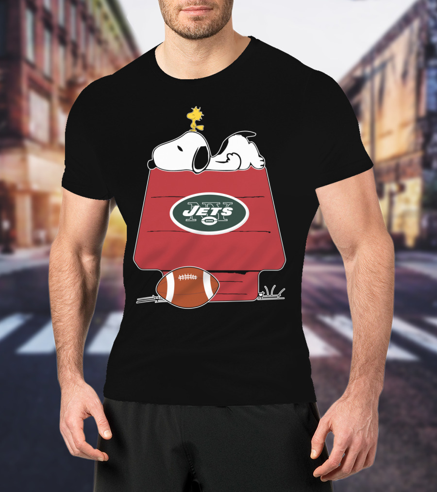 Snoopy On Doghouse With New York Jets Football Logo And Woodstock T-Shirt