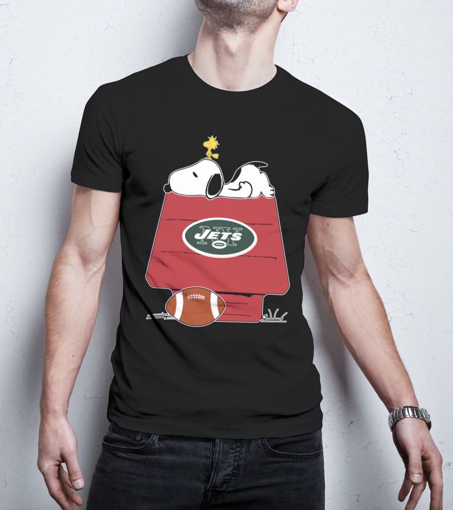 Snoopy On Doghouse With New York Jets Football Logo And Woodstock T-Shirt