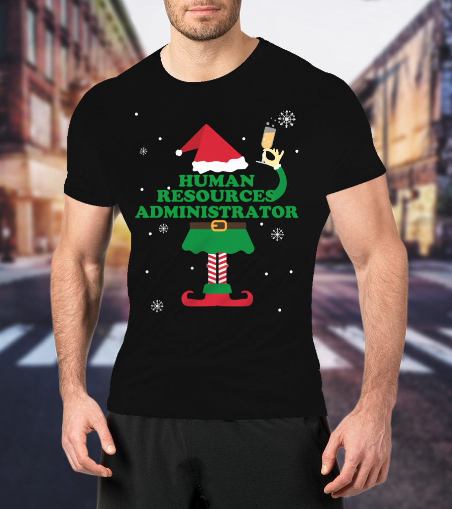 Human Resources Administrator Elf With Champagne And Snowflakes T-Shirt