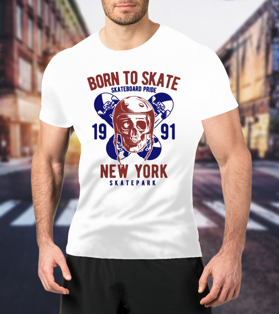 Born To Skate New York Skatepark 1991 Skull Skateboard Pride T-Shirt