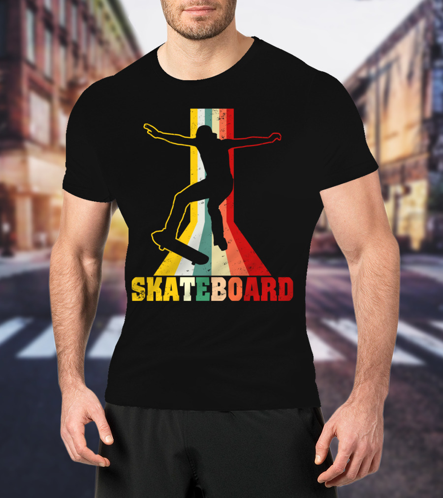 Retro Skateboard Silhouette With Vintage Color Stripes T-Shirt