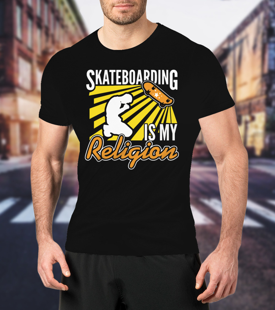 Skateboarding Is My Religion Kneeling Silhouette With Skateboard And Sunburst T-Shirt