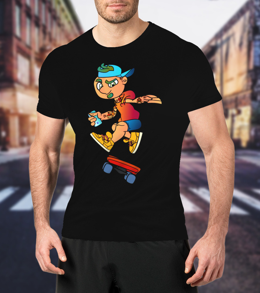 Skaterboi Colorful Cartoon Character With Cap And Skateboard T-Shirt