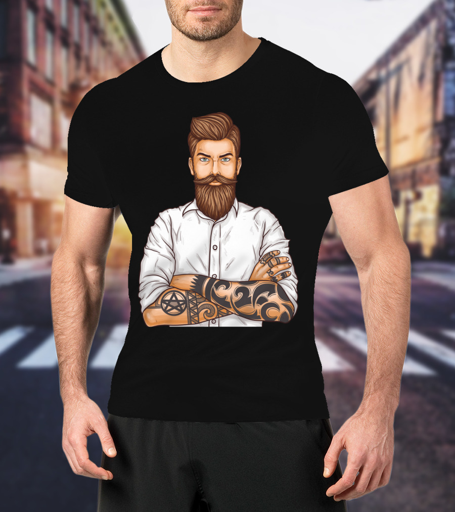 Barber Style Bearded Man With Tattoo T-Shirt