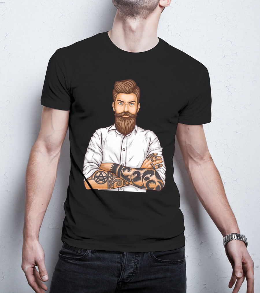 Barber Style Bearded Man With Tattoo T-Shirt