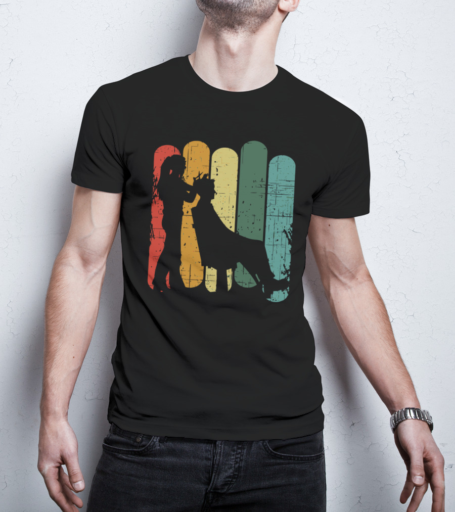 Vintage Retro Hair Stylist Silhouette On Multicolor Stripes T-Shirt