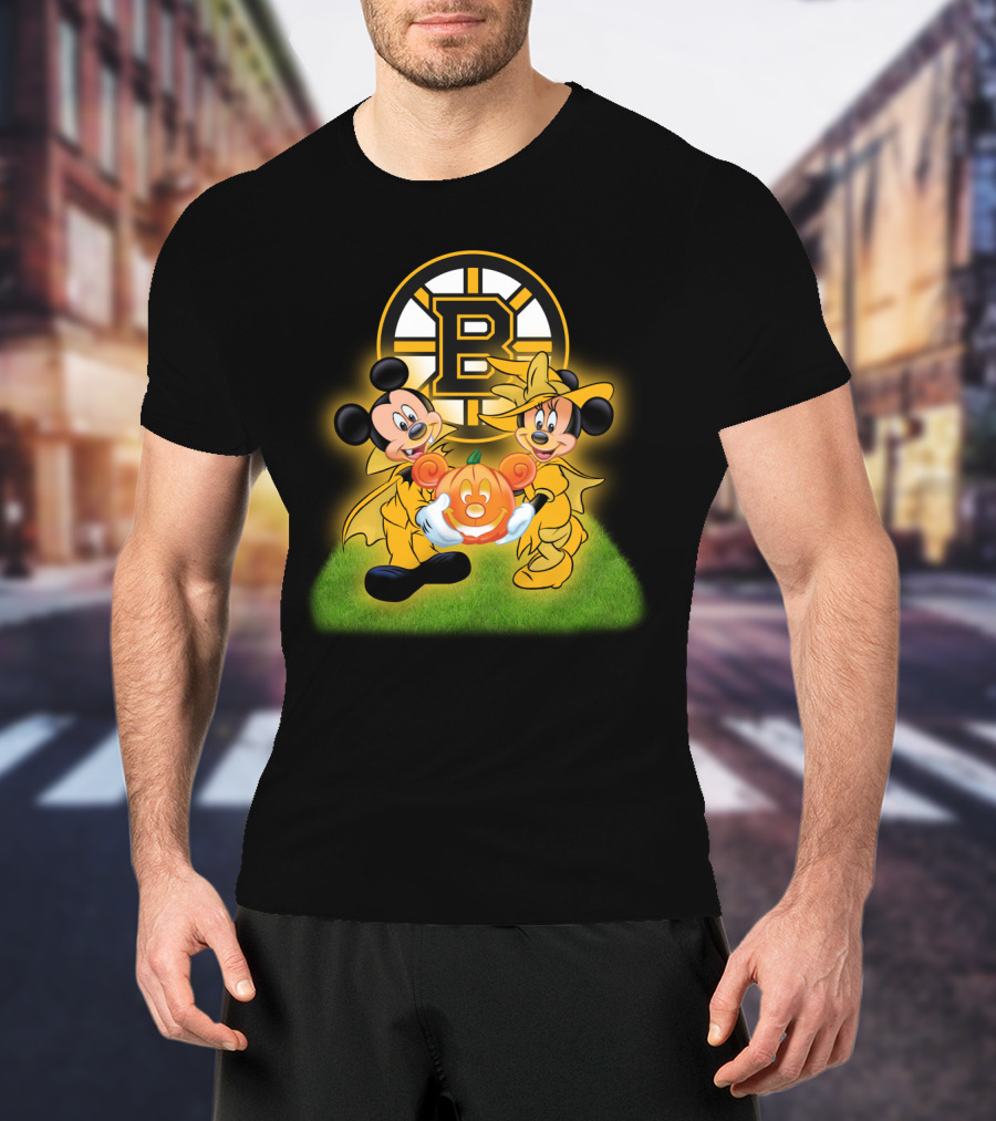 Boston Bruins Halloween Mickey And Minnie With Pumpkin T-Shirt