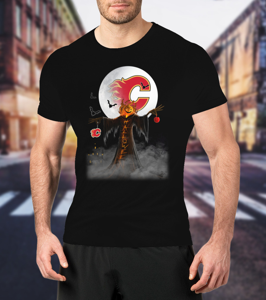 Halloween Calgary Flames Spooky Pumpkin Head With Full Moon And Bats T-Shirt
