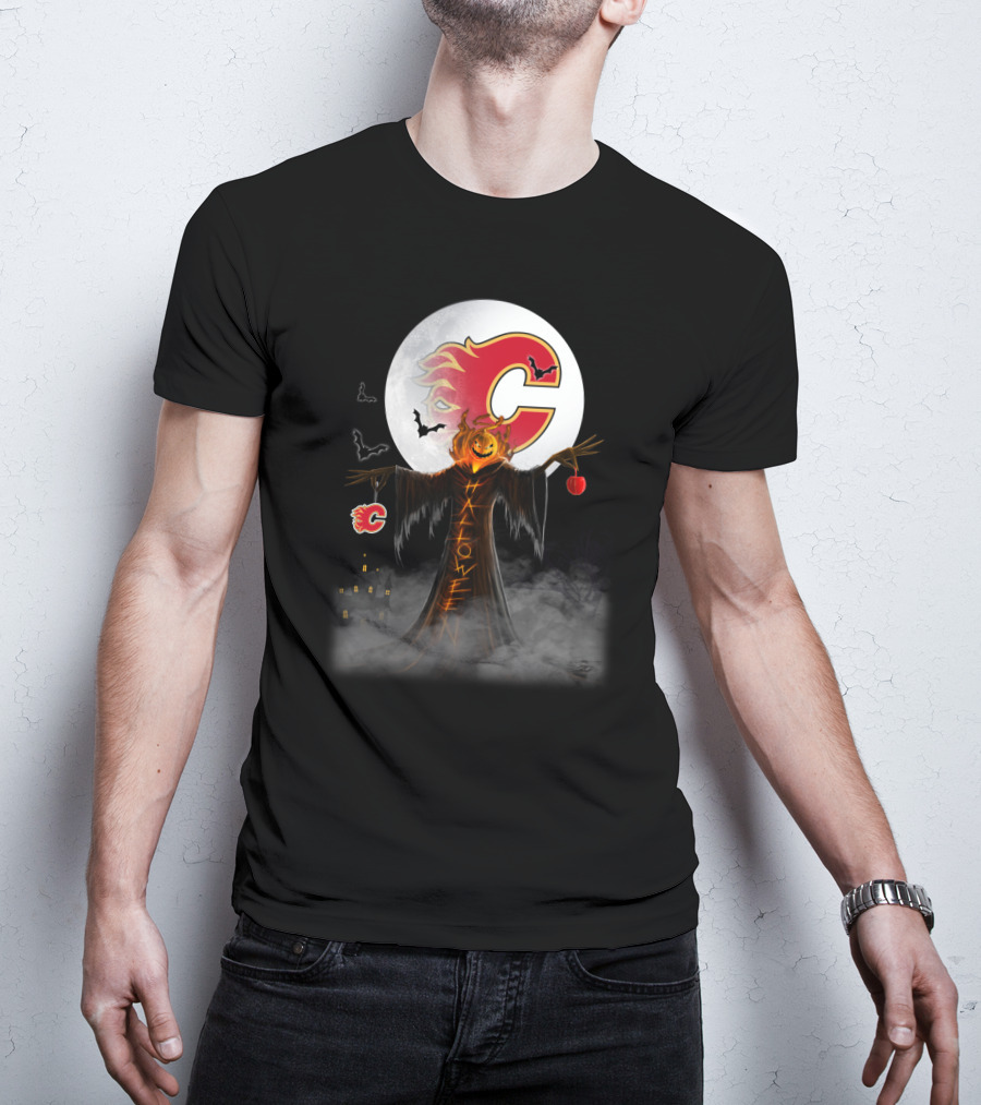 Halloween Calgary Flames Spooky Pumpkin Head With Full Moon And Bats T-Shirt
