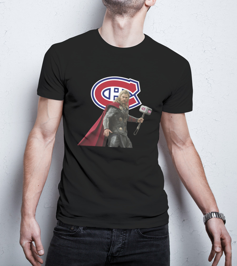 Canadiens Logo With Hero Holding Mjölnir Hammer T-Shirt