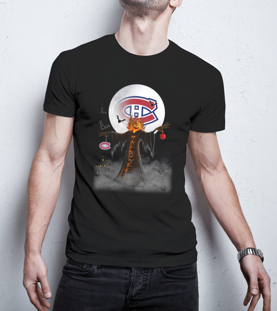 Halloween Canadiens Pumpkin Moon Bats Hockey Montreal T-Shirt