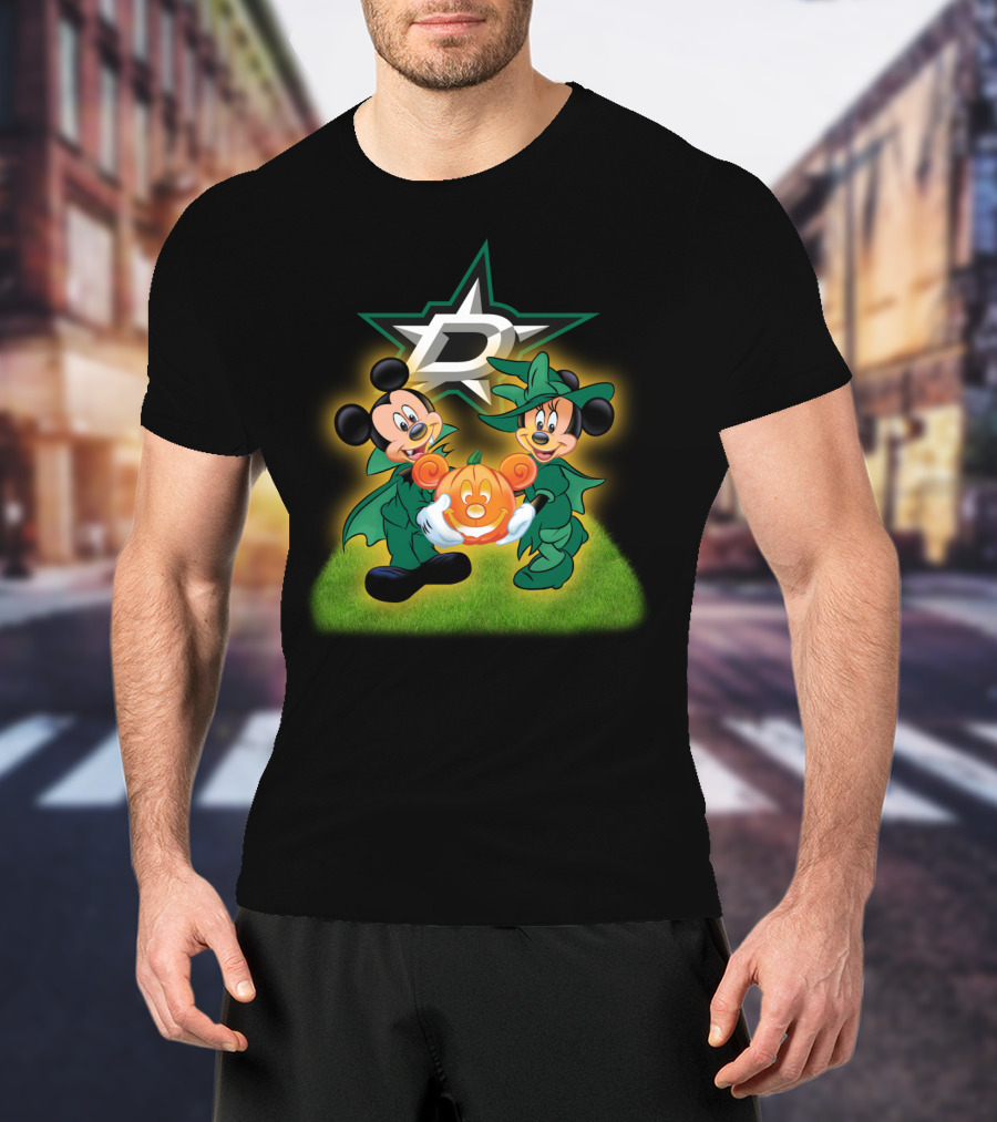 Dallas Stars Halloween Mickey And Minnie With Pumpkin On Grass Background T-Shirt