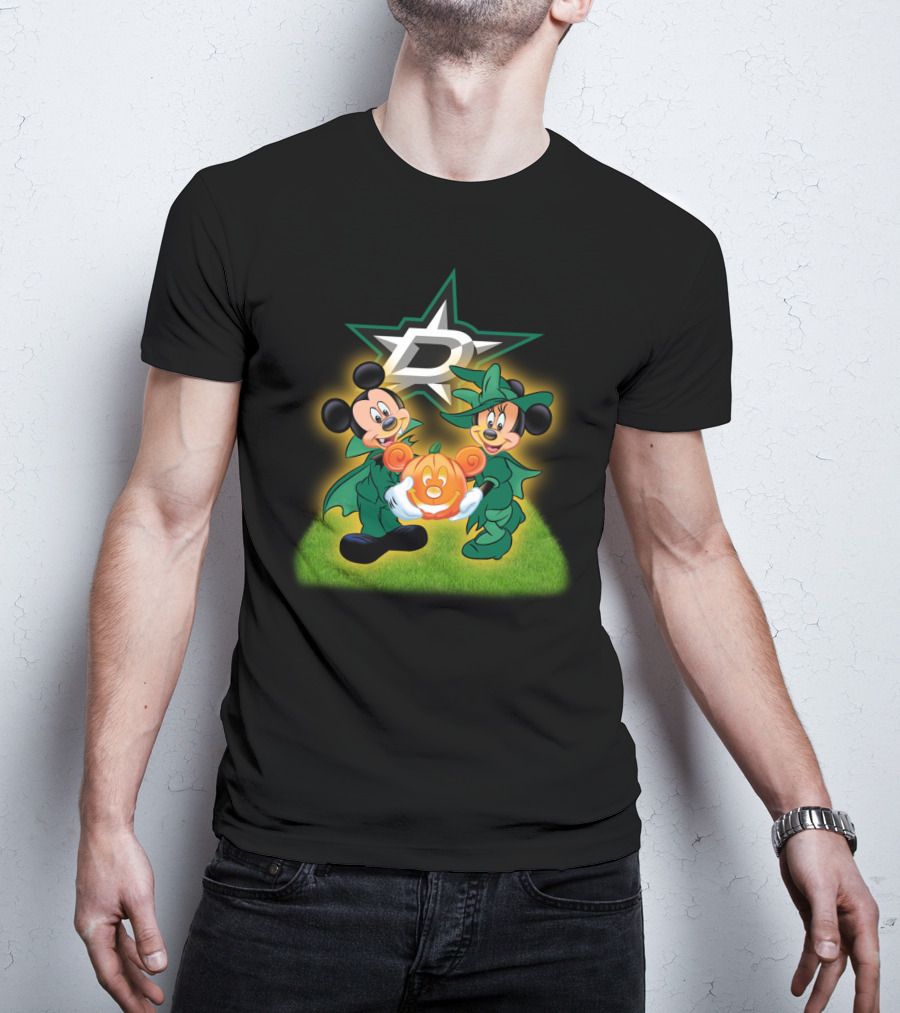 Dallas Stars Halloween Mickey And Minnie With Pumpkin On Grass Background T-Shirt