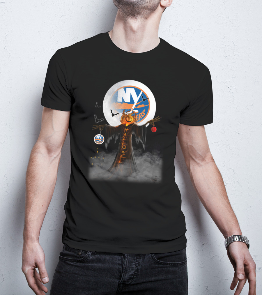 Halloween New York Islanders Pumpkin Moon Bats Spooky Scene T-Shirt