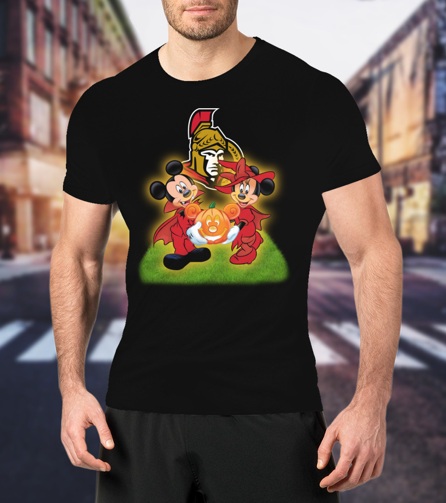 Mickey And Minnie Halloween Fun With Ottawa Senators Logo And Pumpkin T-Shirt