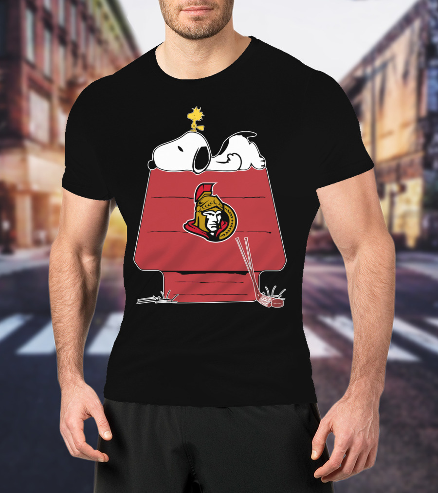 Snoopy And Woodstock On Ottawa Senators Doghouse With Hockey Sticks T-Shirt