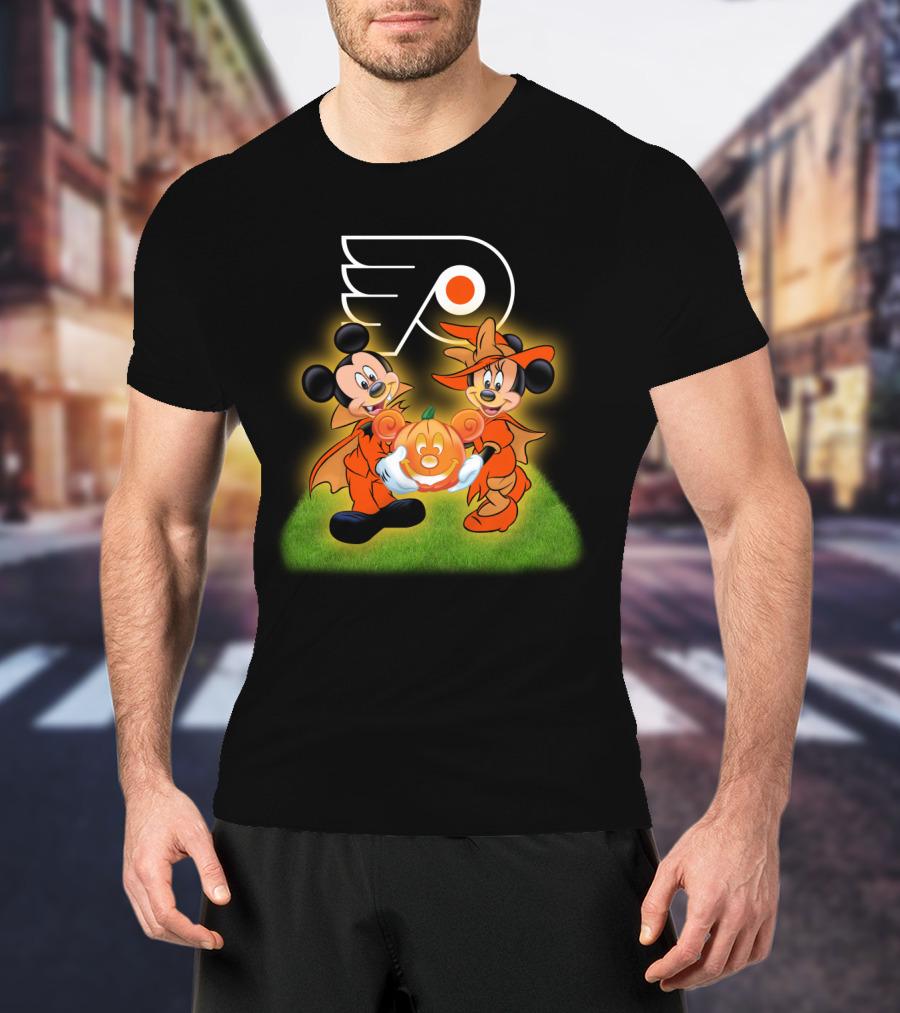 Halloween Philadelphia Flyers Mickey And Minnie Mouse Pumpkin Fun T-Shirt