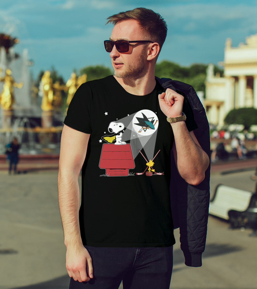 Snoopy Woodstock San Jose Sharks Nhl Fan Art Moonlight Scene T-Shirt