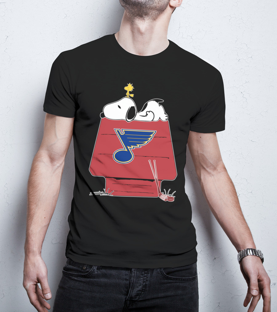 Snoopy And Woodstock With St. Louis Blues Logo On Doghouse T-Shirt