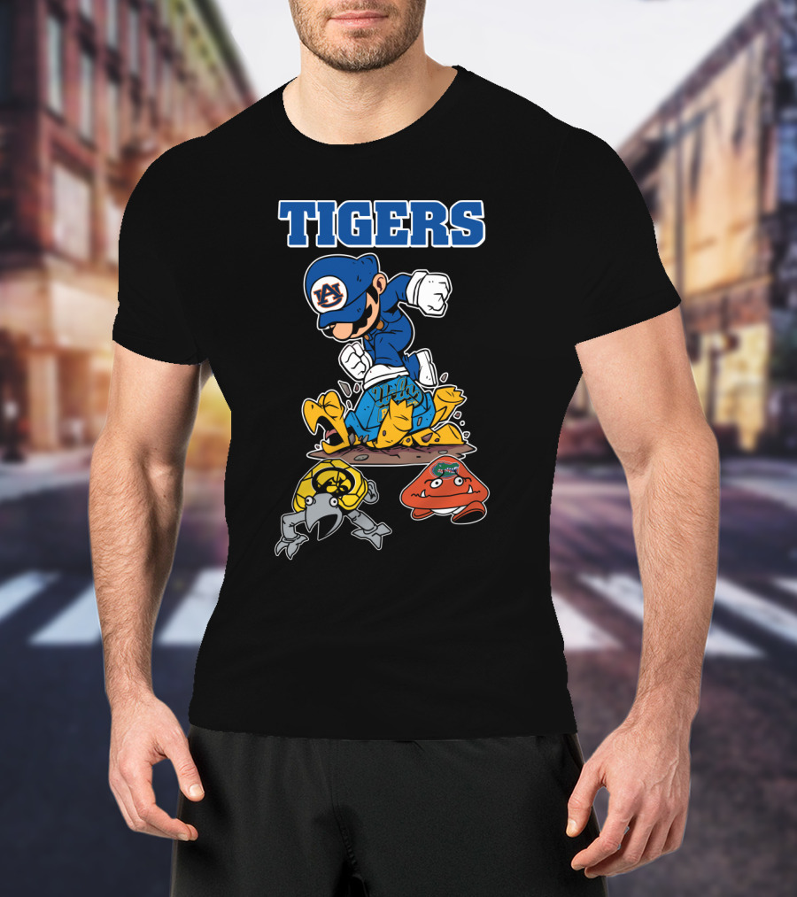 Auburn Tigers Football Character Jumping Over Classic Game Style Opponents T-Shirt