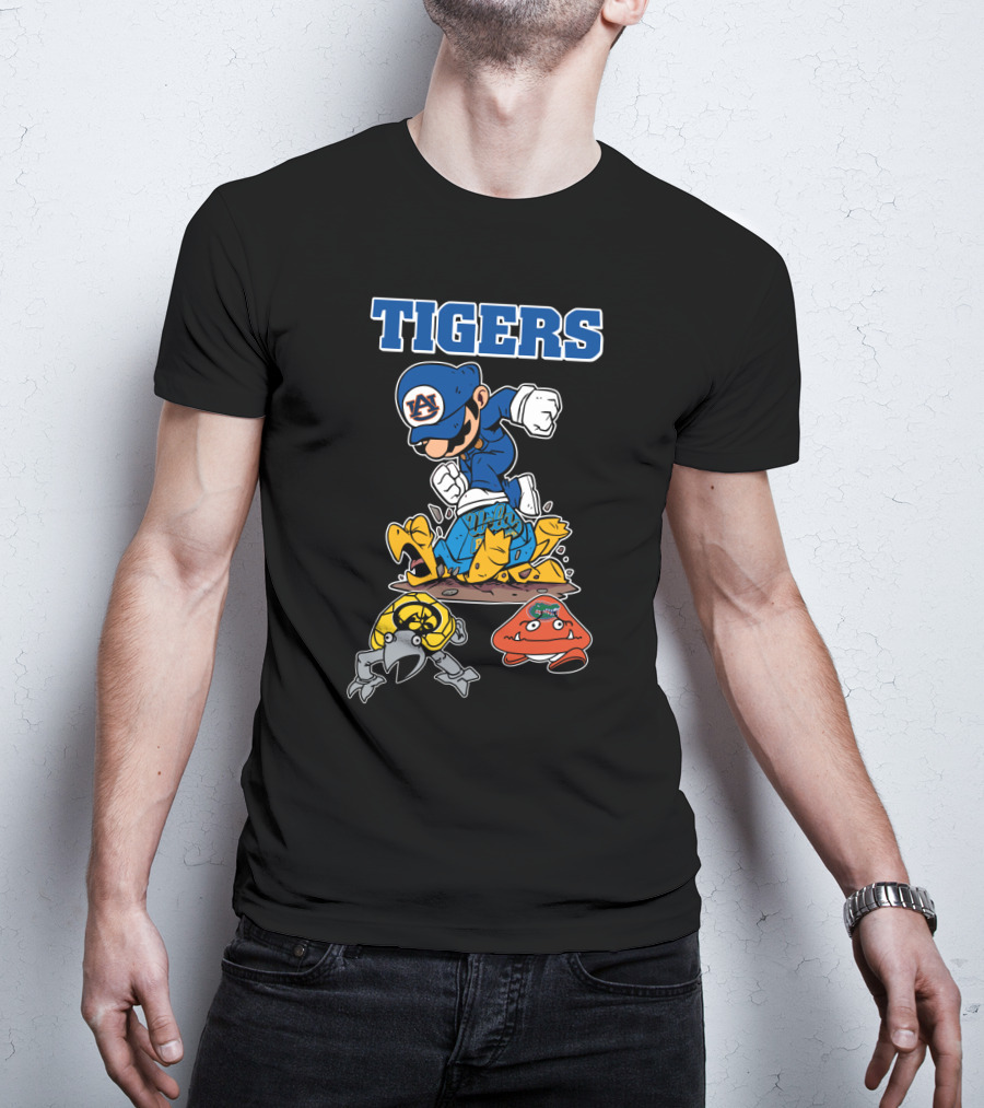 Auburn Tigers Football Character Jumping Over Classic Game Style Opponents T-Shirt