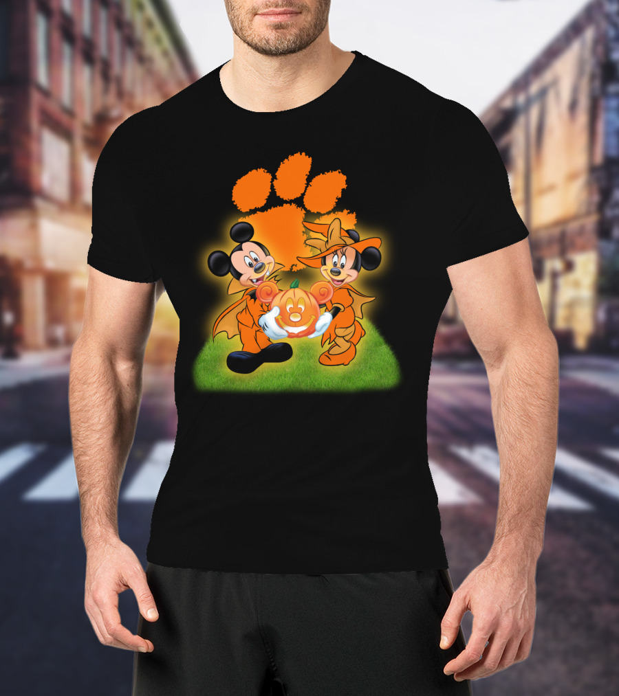 Clemson Halloween Football Mickey Minnie Pumpkin Paws T-Shirt