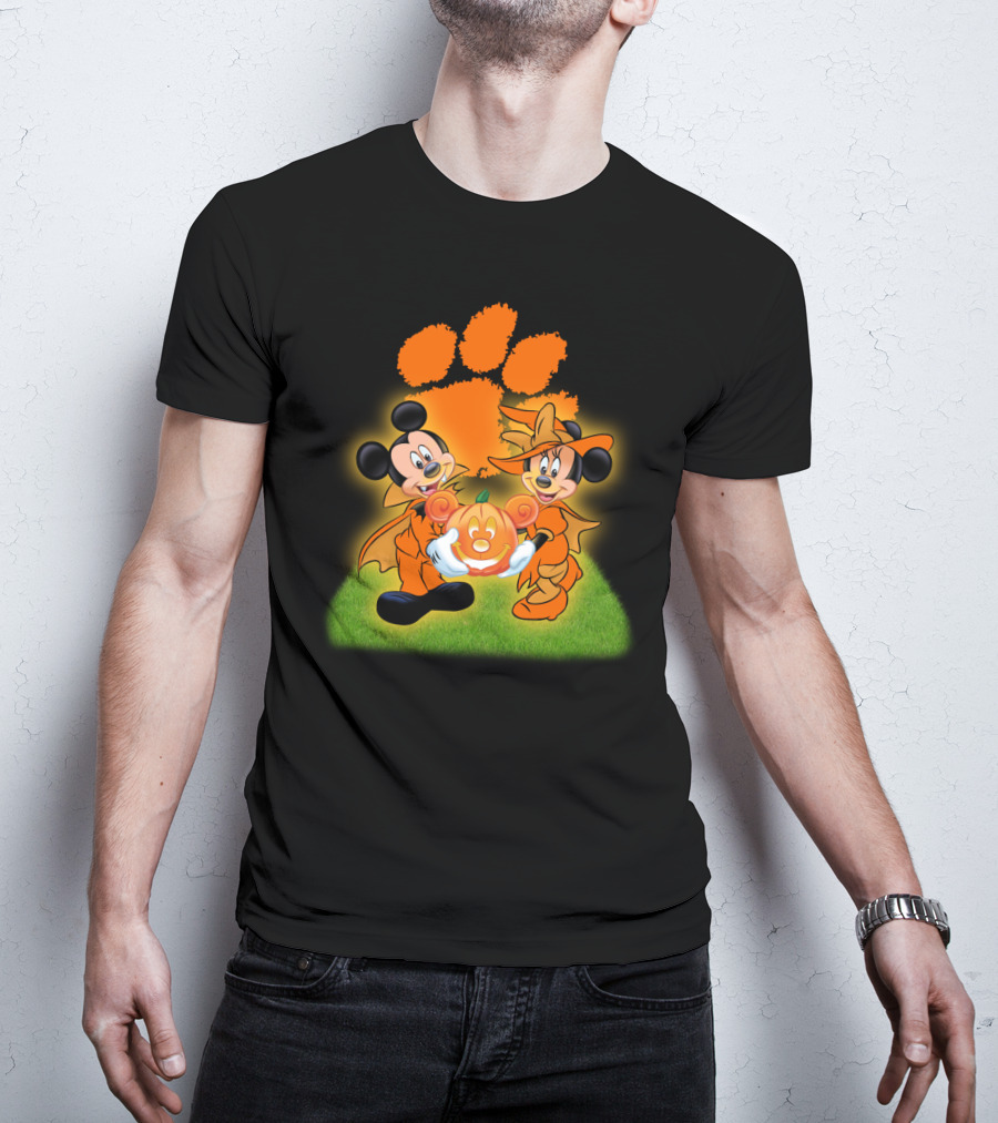 Clemson Halloween Football Mickey Minnie Pumpkin Paws T-Shirt