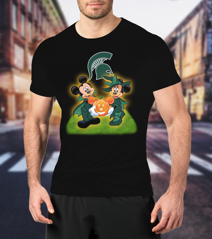 Halloween MSU Football Mickey Minnie Pumpkin Michigan Spartans T-Shirt