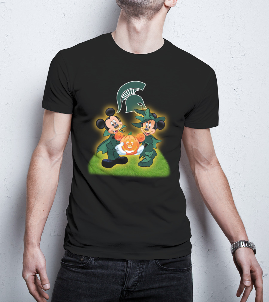 Halloween MSU Football Mickey Minnie Pumpkin Michigan Spartans T-Shirt