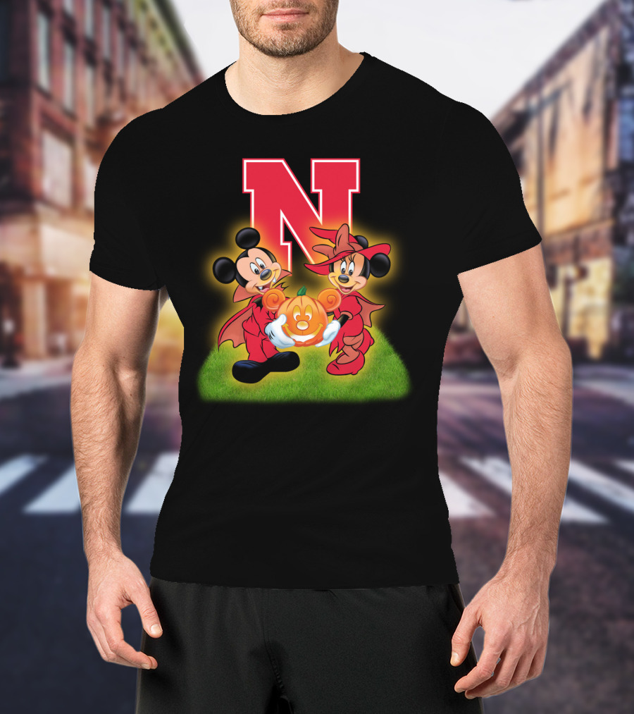 Halloween Nebraska Cornhuskers Football Mickey Minnie Pumpkin T-Shirt