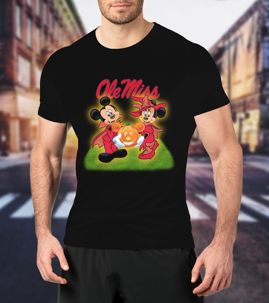 Ole Miss Halloween Disney Characters Holding Pumpkin T-Shirt