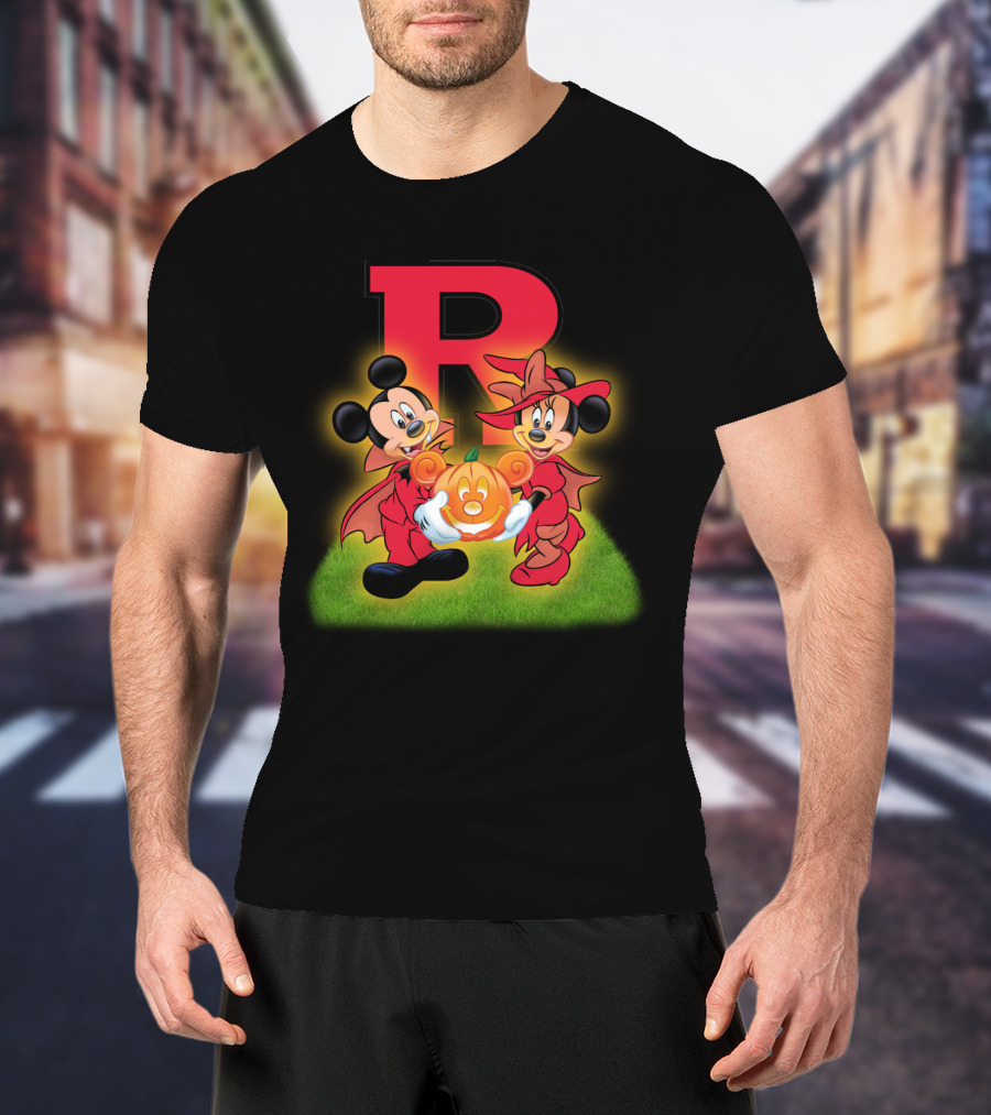 R Rutgers Halloween Mickey Minnie Pumpkin Football T-Shirt