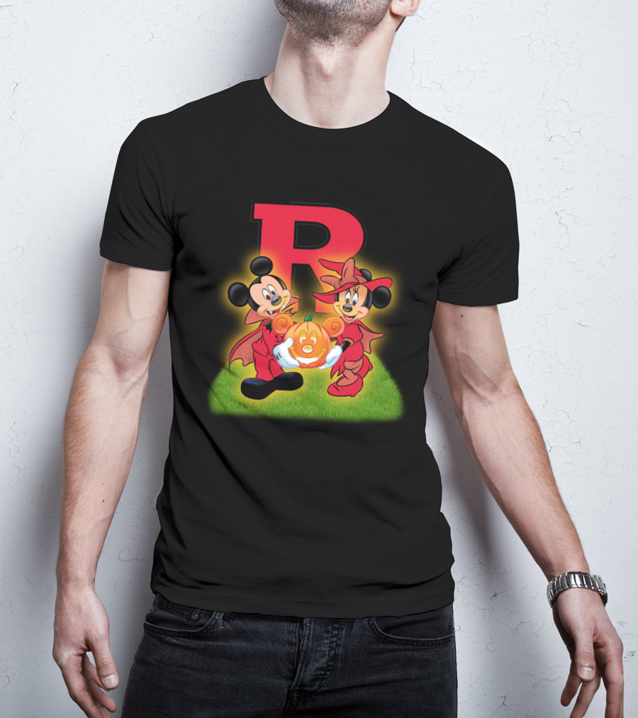 R Rutgers Halloween Mickey Minnie Pumpkin Football T-Shirt