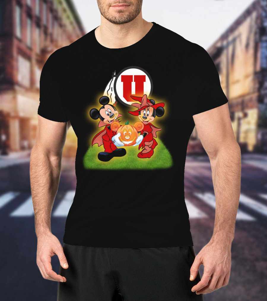 Utah U Halloween Football Pumpkin With Mickey And Minnie Mouse T-Shirt