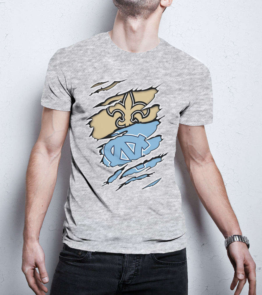 Saints Fleur-de-Lis And UNC Tar Heels NC Logo Fusion T-Shirt
