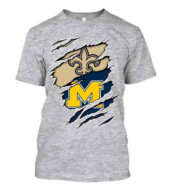 New Orleans Saints Fleur-De-Lis And Michigan Wolverines M Logo Ripped T-Shirt