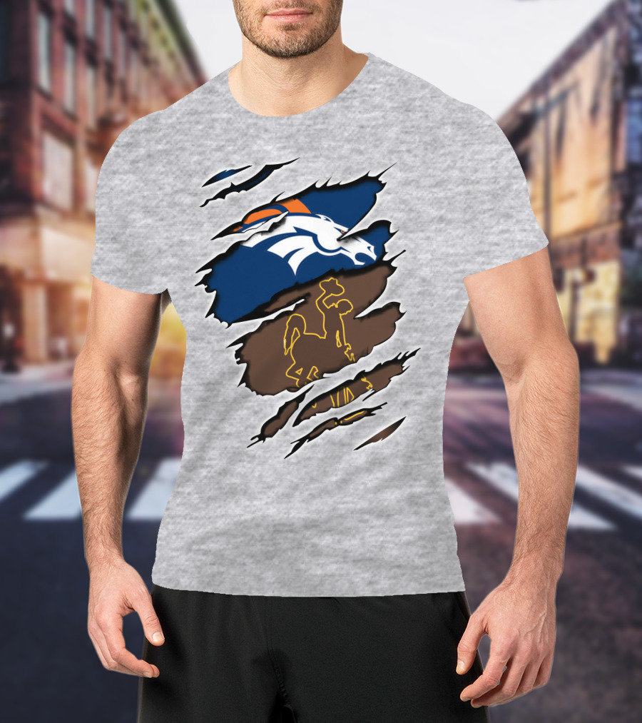 Denver Broncos And Wyoming Cowboys Ripped T-Shirt