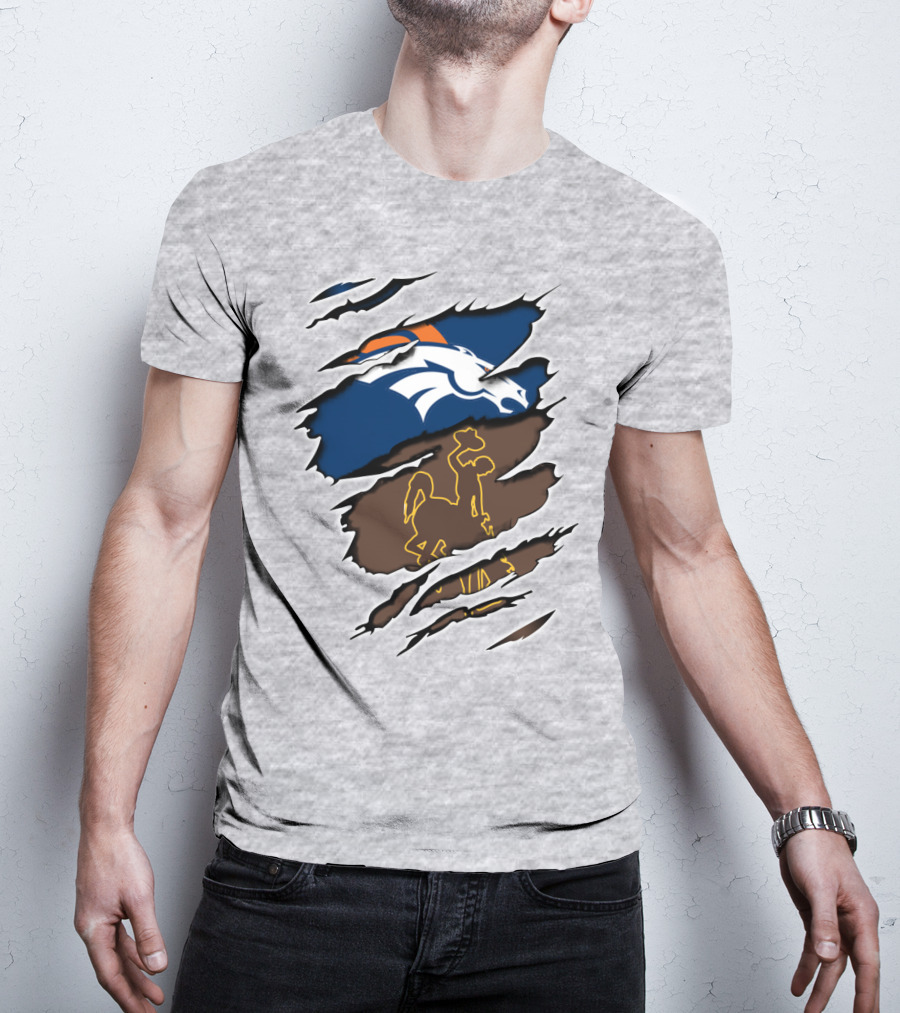 Denver Broncos And Wyoming Cowboys Ripped T-Shirt