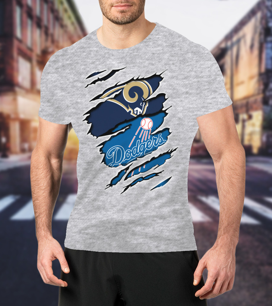 Rams Dodgers Scratch Tear Logo Crossover Fusion T-Shirt